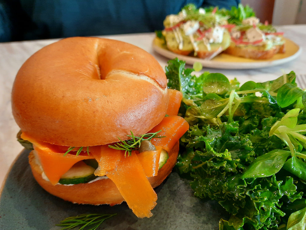 Vegan breakfast in Athens, Greece: Cream cheese and "salmon" bagel at Holy Llama