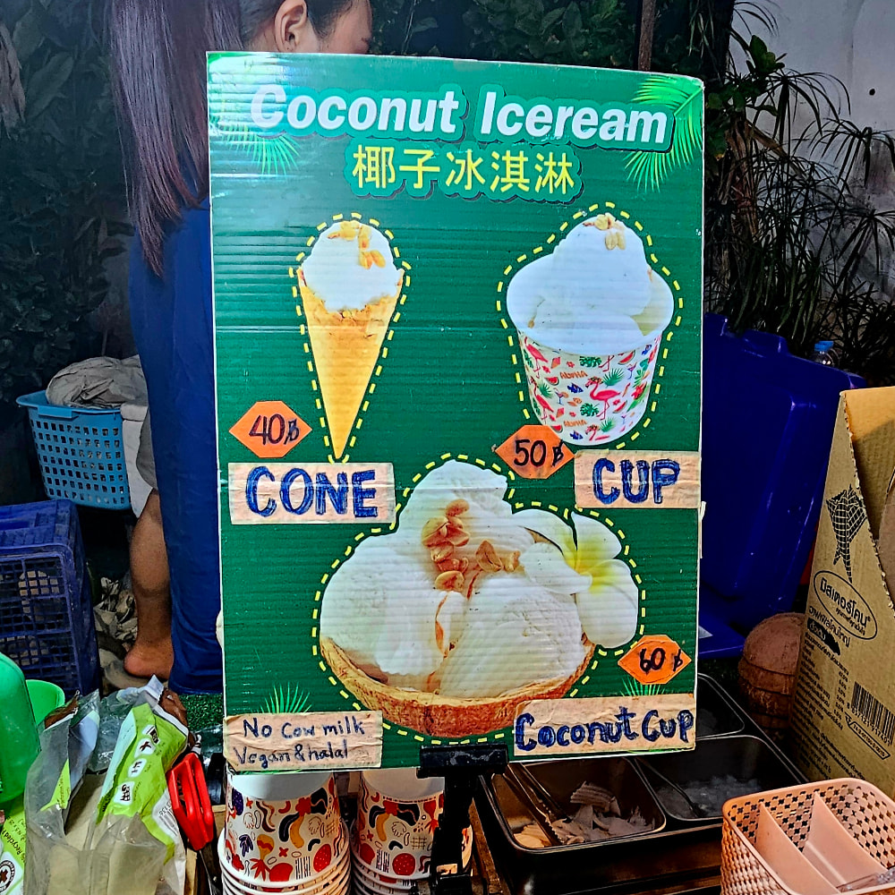 A stall selling vegan coconut ice cream in Chiang Mai Sunday Night Market