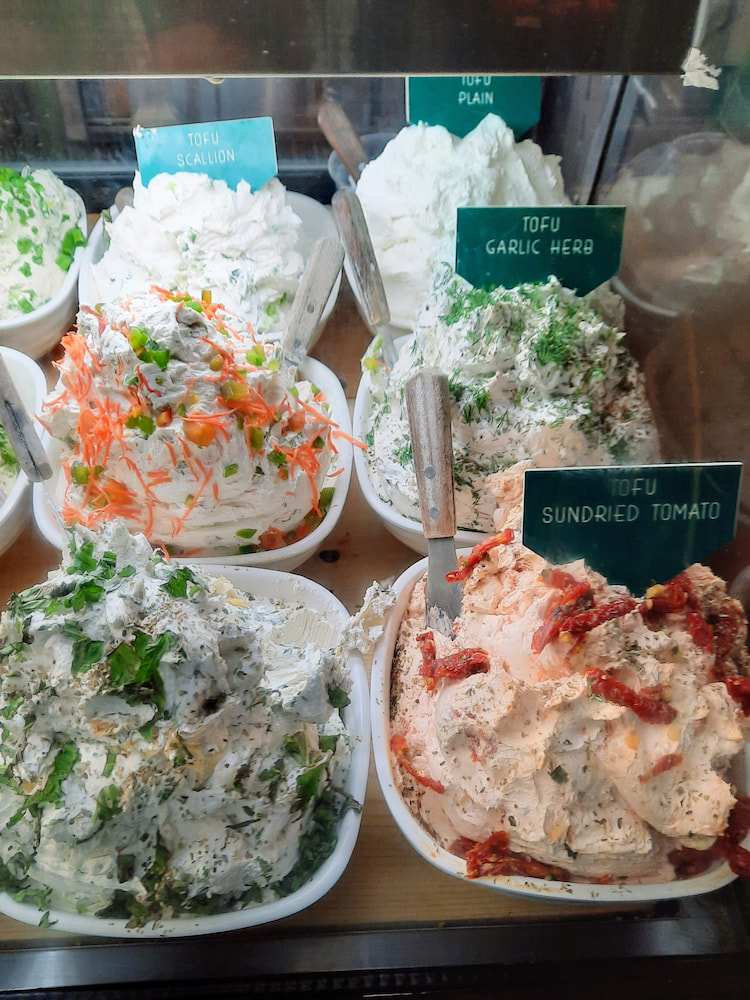 A variety of vegan tofu spreads at Tompkins Square Bagels, NYC