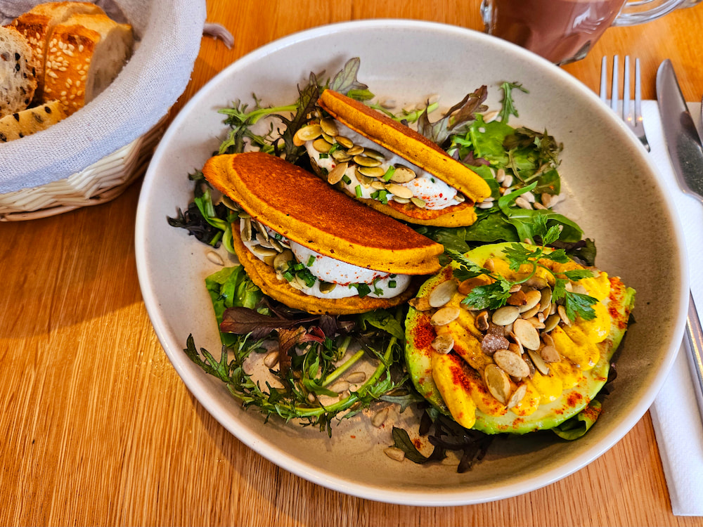 Vegan brunch in Paris, France: Stuffed chickpea-rice pancakes at Le Potager de Charlotte
